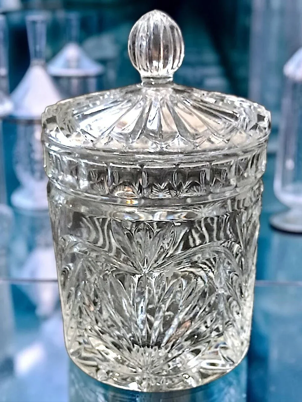 Vintage Crystal Biscuit Jar Candy 6” Lidded Vanity Canister Starburst Glass